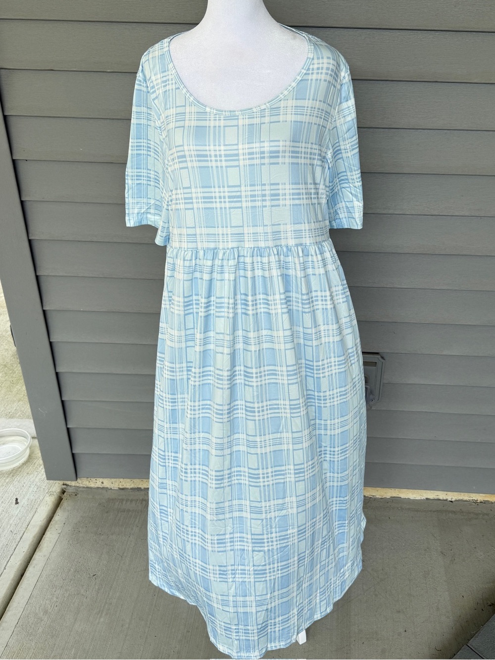 NWOT Women's 1XL/14 Blue Plaid U-Neck Empire Waist Midi Dress Teacher Church